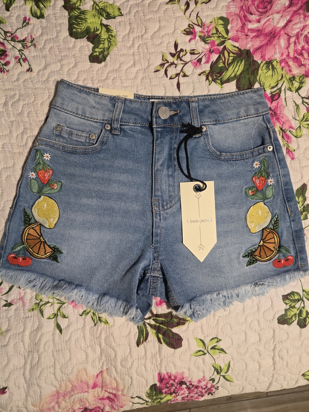 Banjara Embroidered Light Blue Denim Shorts with Fruit Motif